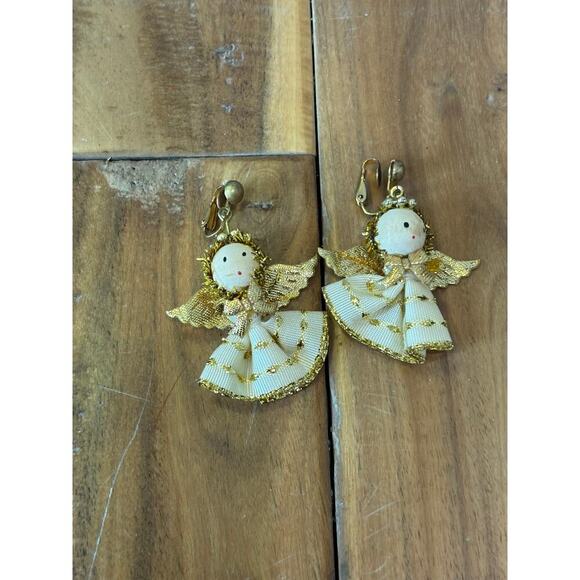 VINTAGE 90's Angel Christmas Clip On Earrings Religious Wings - Picture 1 of 5